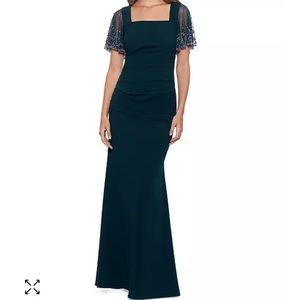 Betsy & Adam green hunter crepe long dress gown beaded sleeves 14